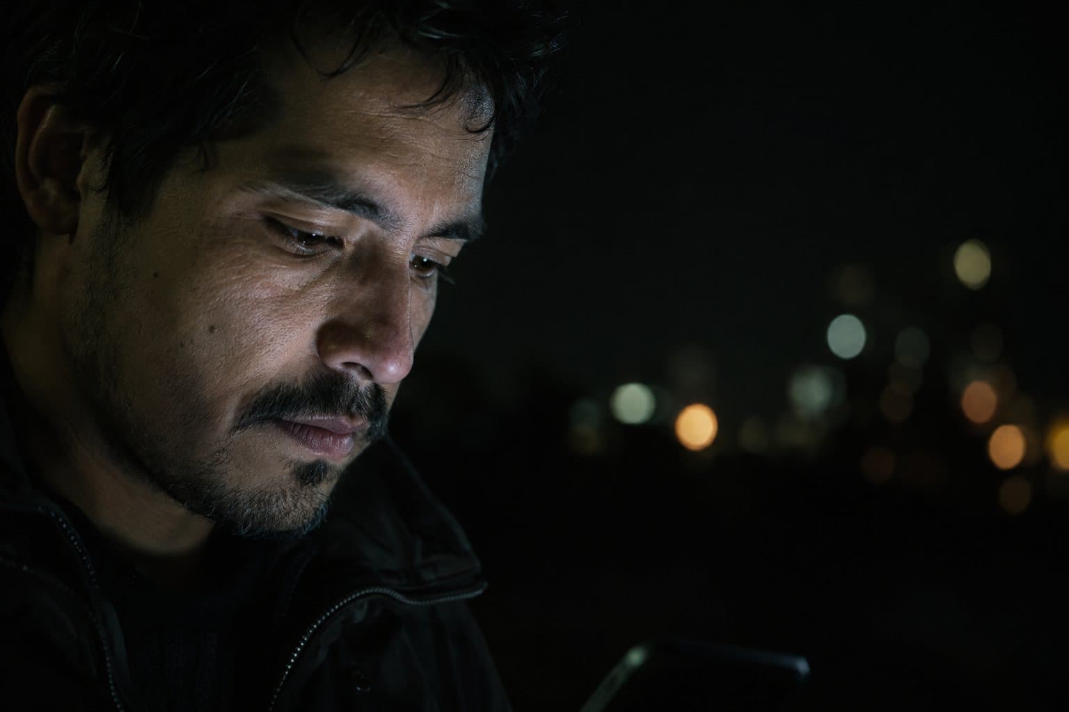 Primer plano de una persona de noche leyendo su teléfono, con la luz de la pantalla en la cara.