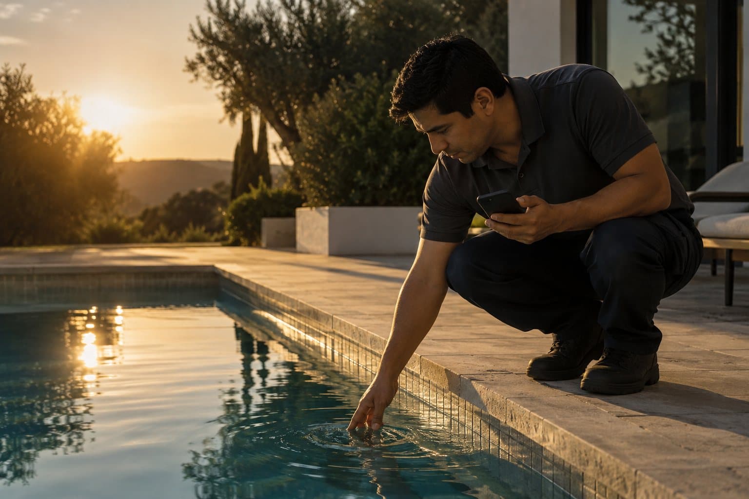 Técnico de servicio a domicilio revisando el agua de una piscina al atardecer, con el teléfono en la mano.