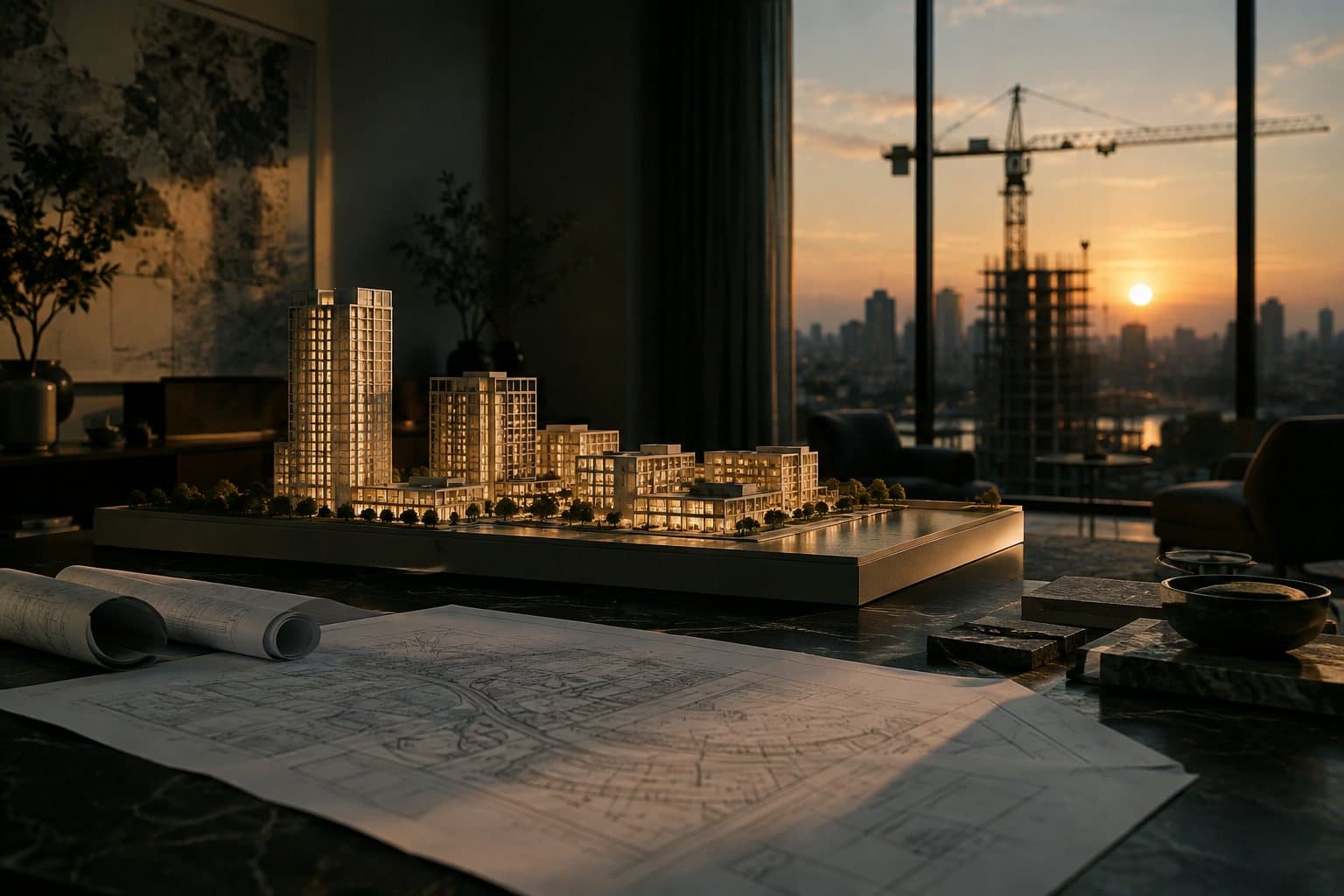 Maqueta arquitectónica iluminada en una sala de ventas al atardecer, con planos sobre la mesa.