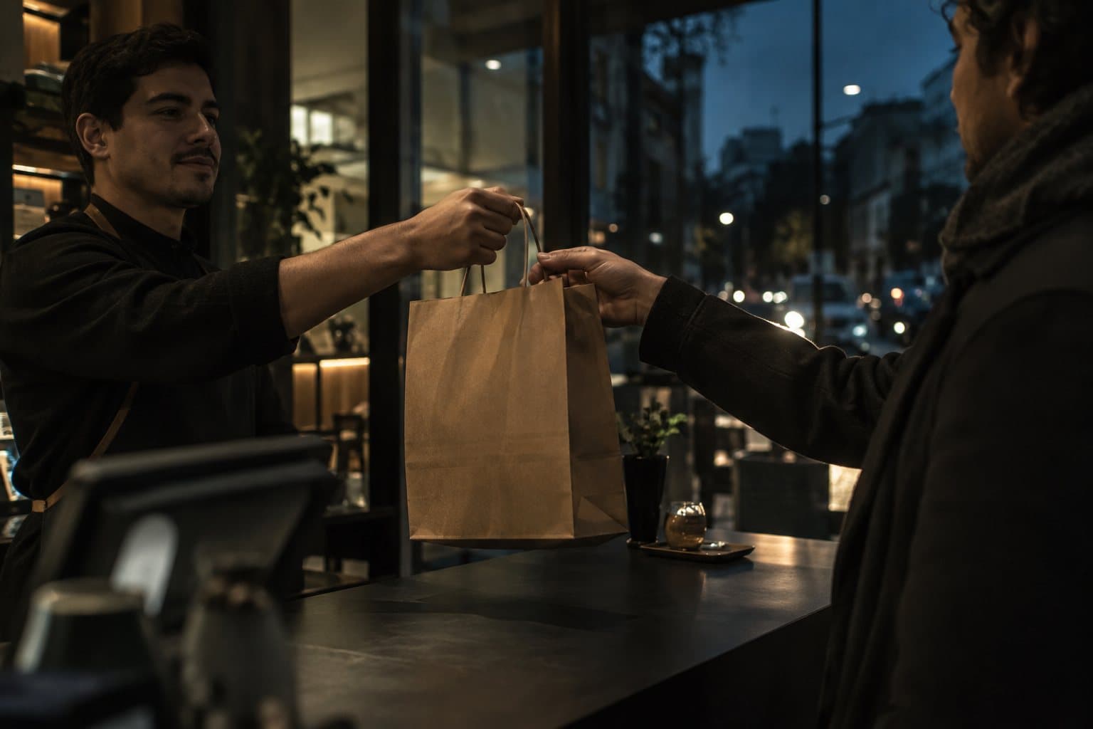 Mostrador de un local de retail de noche, con un cajero entregando una compra a un cliente.