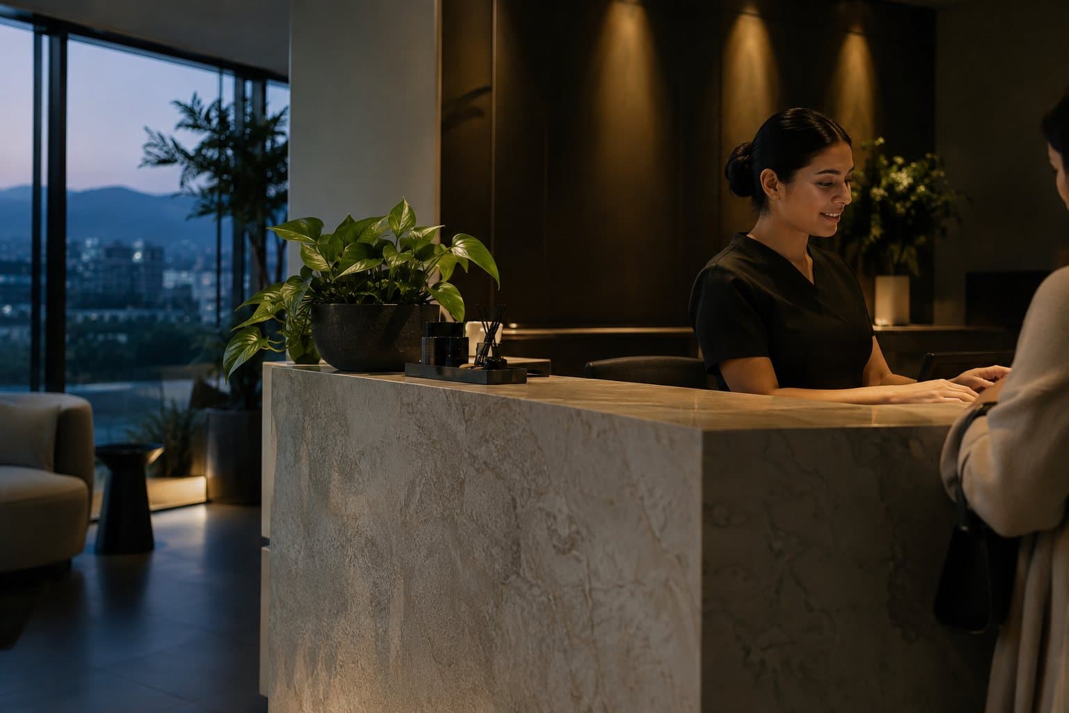 Recepción de una clínica de estética moderna, con una recepcionista atendiendo a una clienta.