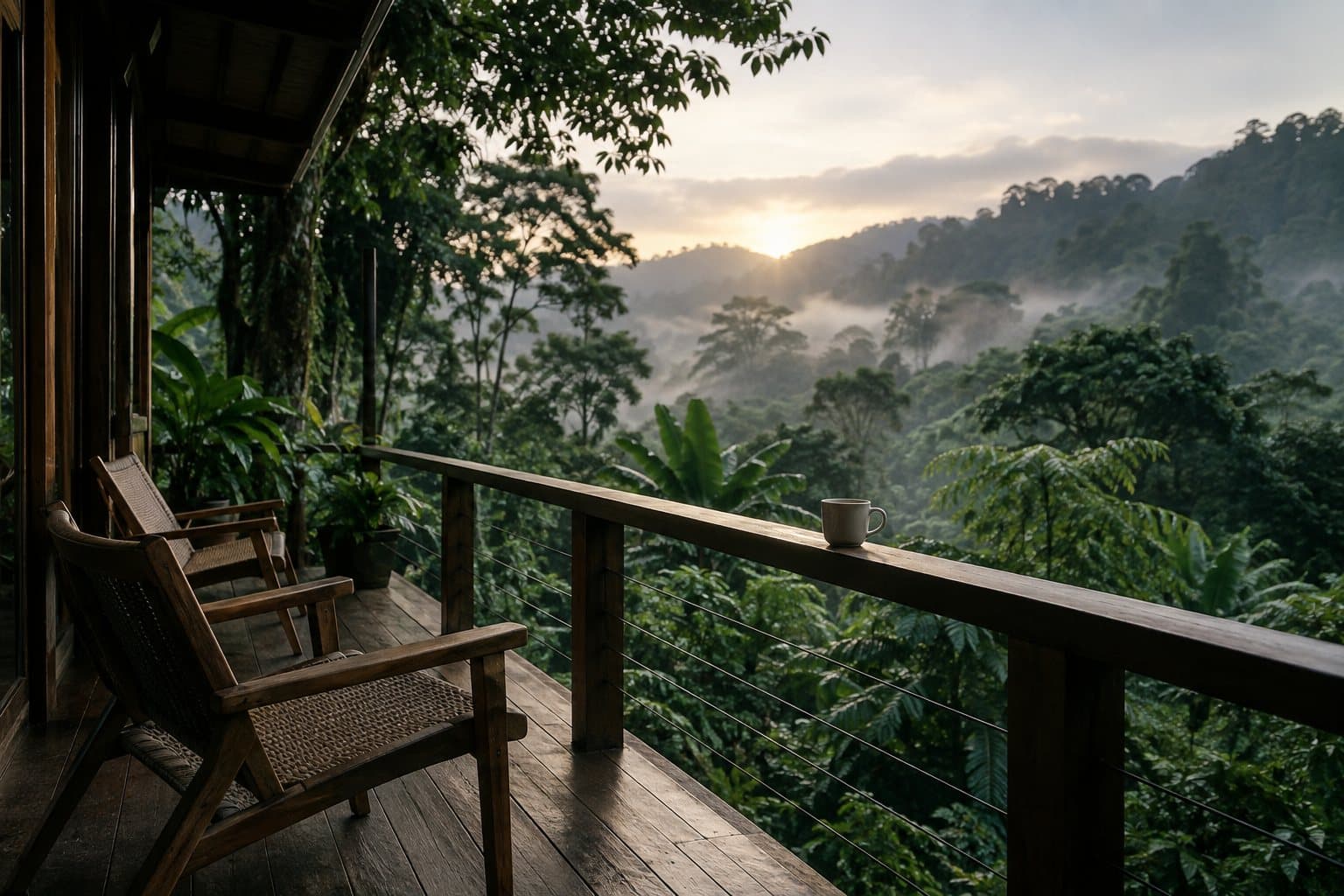 Deck de madera de un centro de retiros en la selva al amanecer, con niebla entre los árboles.